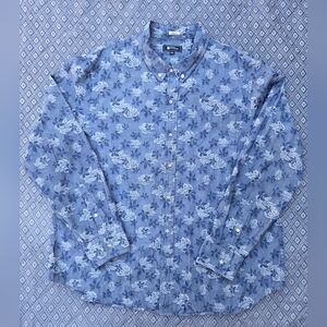 Reyn Spooner Leaves Floral Print Hawaiian Shirt Long Sleeve Blue Size 2XL XXL